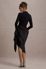 Luanna | Black Satin Long-Sleeve Midi Dress With Draped Skirt