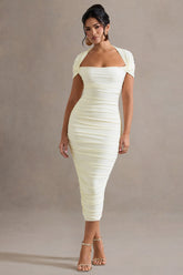 Paxos | Ecru Ruched Short-Sleeve Midi Dress