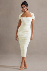 Paxos | Ecru Ruched Short-Sleeve Midi Dress