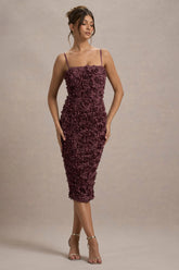 New Love | Dark Mauve Strappy Midi Dress With Mesh Flowers