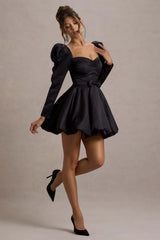 Murphy | Black Satin Belted Mini Dress With Puff Sleeves