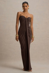 Ali | Brown Sweetheart Ruched Wrap Maxi Dress