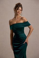Martine | Bottle Green Satin Bardot Wrap Maxi Dress