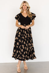 Estelle Smocked Midi Dress | Black + Tan Print