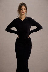 Kalilah | Black Long-Sleeve Ruched Maxi Dress