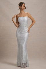 Quartz | Silver Embellished Square-Neck Open-Back Maxi Dress