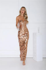 Glistening Grandeur Strapless Sequin Maxi Dress Gold