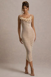 Jesi | Cream Mesh Ruched Midi Dress With Ruffles