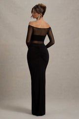 Cover Star | Black Mesh Bardot Long-Sleeve Draped Maxi Dress
