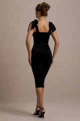 Tarna | Black Velvet Midi Dress With Bow Straps