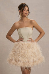 Peaches | Champagne Strapless Mini Dress With Volume Feather Hem