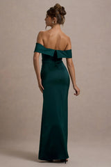 Martine | Bottle Green Satin Bardot Wrap Maxi Dress