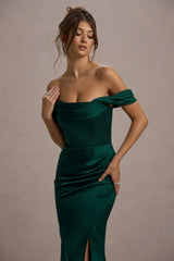 Kimberly | Bottle Green Bardot Satin Maxi Dress