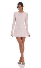 Sequin Long Sleeve Open Back Dress in Pink