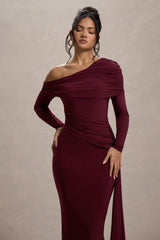 Valina | Burgundy Ruched Asymmetric Maxi Dress With Drape