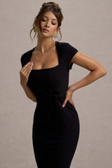 Lorenzie | Black Square-Neck Short-Sleeve Twist Midi Dress