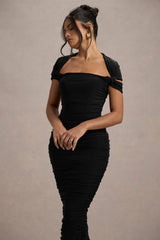 Paxos | Black Ruched Short-Sleeve Midi Dress