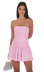 Matte Satin Strapless Ruched Flare Dress in Pink