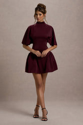 Alva | Burgundy High-Neck Short-Sleeve Mini Dress With Volume Skirt