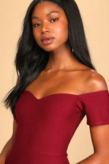 How Much I Care Wine Red Off-the-Shoulder Midi Dress