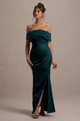 Martine | Bottle Green Satin Bardot Wrap Maxi Dress