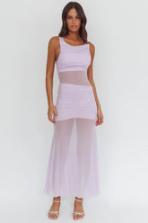 Sade Sheer Panel Ruched Maxi Dress Lilac