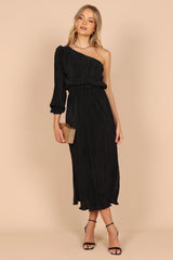 Pontee One Shoulder Pleated Midi Dress - Black