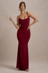Francoise | Berry Cowl Neck Backless Maxi Dress With Lace Insert