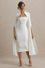 Linden | White Bodycon Cape-Sleeve Midi Dress