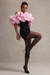 Macaron | Black Bardot Mini Dress With Pink Ruffle Trim