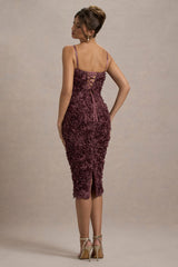 New Love | Dark Mauve Strappy Midi Dress With Mesh Flowers