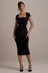 Lorenzie | Black Square-Neck Short-Sleeve Twist Midi Dress