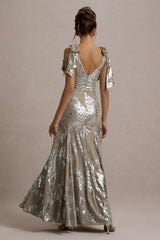 Lula | Champagne Metallic Plunge-Neck Maxi Dress With Bow Straps