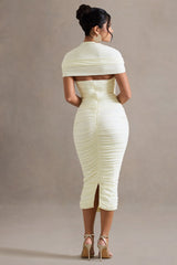 Paxos | Ecru Ruched Short-Sleeve Midi Dress