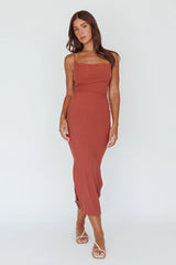 Frieda Cowl Neck Side Split Ribbed Midi Dress Rust