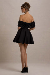 Micro Muse | Black Floral Bardot Mini Dress