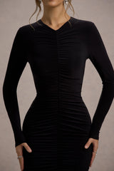 Kalilah | Black Long-Sleeve Ruched Maxi Dress