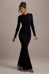Kalilah | Black Long-Sleeve Ruched Maxi Dress