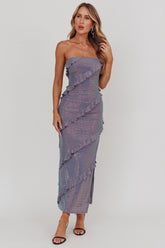 Metrics Strapless Frill Maxi Dress Blue