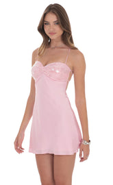 Satin Sequin Bust Dress in Pink