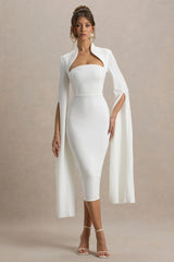 Linden | White Bodycon Cape-Sleeve Midi Dress
