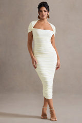Paxos | Ecru Ruched Short-Sleeve Midi Dress