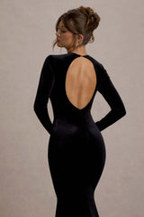 Keaton | Black Velvet Long-Sleeve Open-Back Maxi Dress