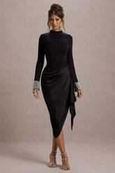 Luanna | Black Satin Long-Sleeve Midi Dress With Draped Skirt