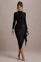 Luanna | Black Satin Long-Sleeve Midi Dress With Draped Skirt