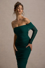 Bijou | Bottle Green Asymmetric Bardot Mesh Ruched Midi Dress