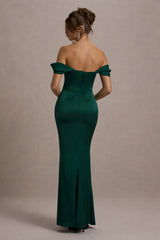 Kimberly | Bottle Green Bardot Satin Maxi Dress