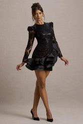 Myka | Black Sequin Long-Sleeve Ruffle Hem Mini Dress