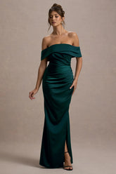Martine | Bottle Green Satin Bardot Wrap Maxi Dress