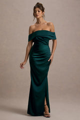 Martine | Bottle Green Satin Bardot Wrap Maxi Dress